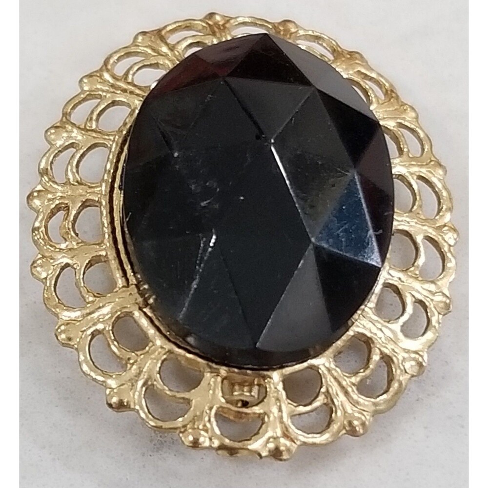 Vintage Gold‑Tone Filigree Brooch • Oval Glass Stone • 1.5"